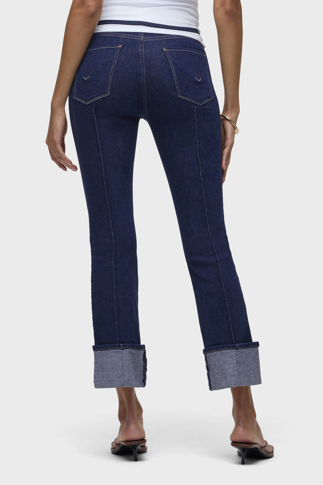 Barbara HiRise boot-crop jeans in dark blue denim, back yoke and cuffed hems