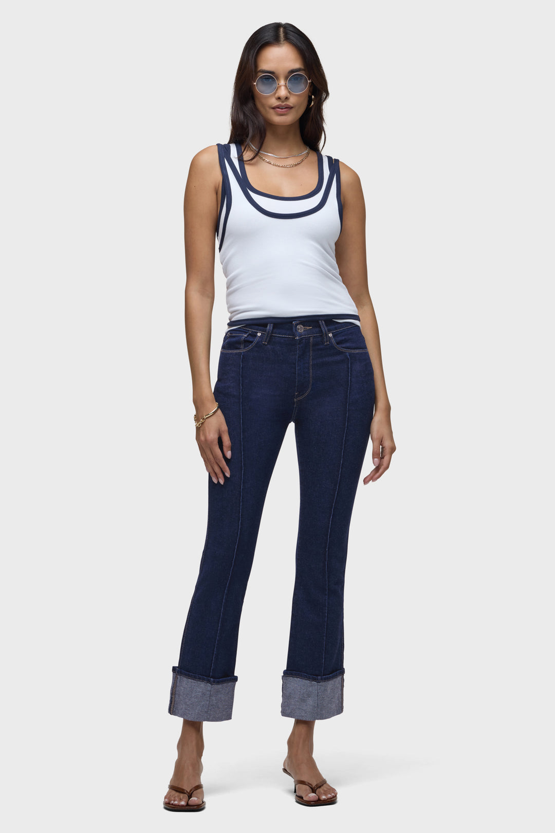 Barbara HiRise boot-crop jeans in dark blue denim, cuffed hem and stitched pockets