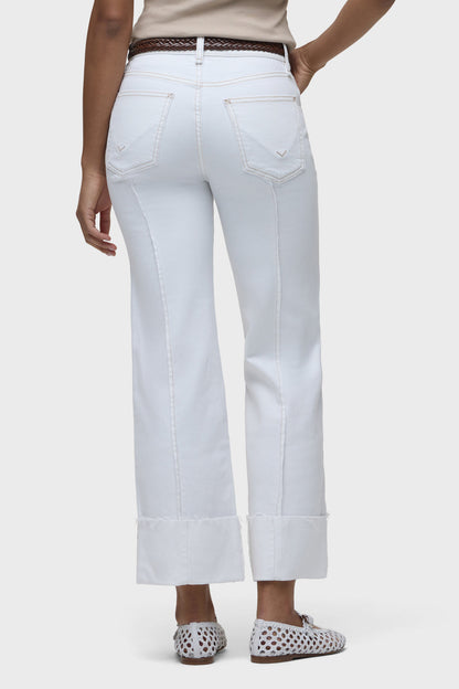 White wide-leg jeans close-up: front pockets and button waistband
