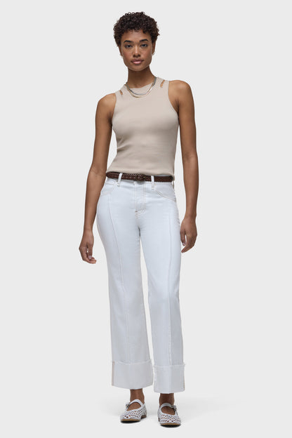 Wide-leg white jeans with button fly, belt loops, and back yoke pockets