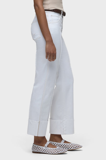 White wide-leg jeans side view with front pocket, belt loops, and cuffed hem