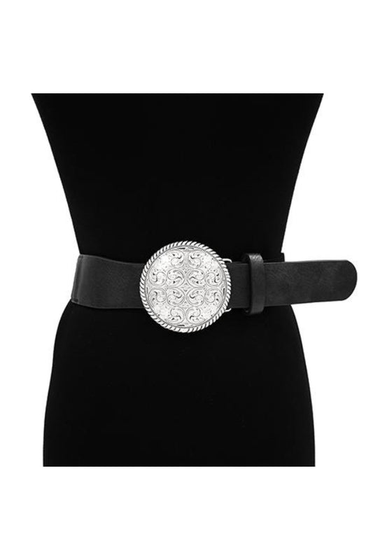 WESTERN ROUND BUCKLE BELT IN BLACK AND SILVER FRONT VIEW