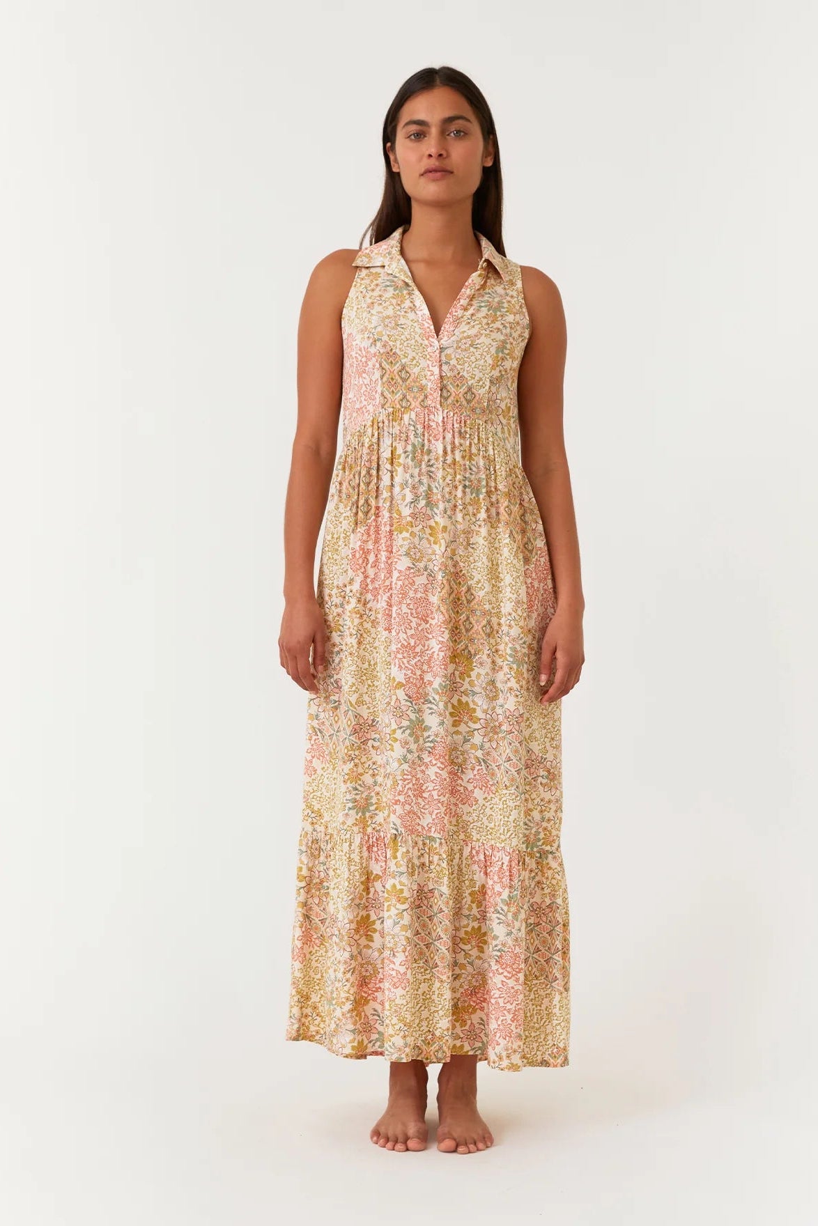 SLEEVELESS COLLARED MAXI DRESS IN DUSTY PEACH/RUST FRONT VIEW