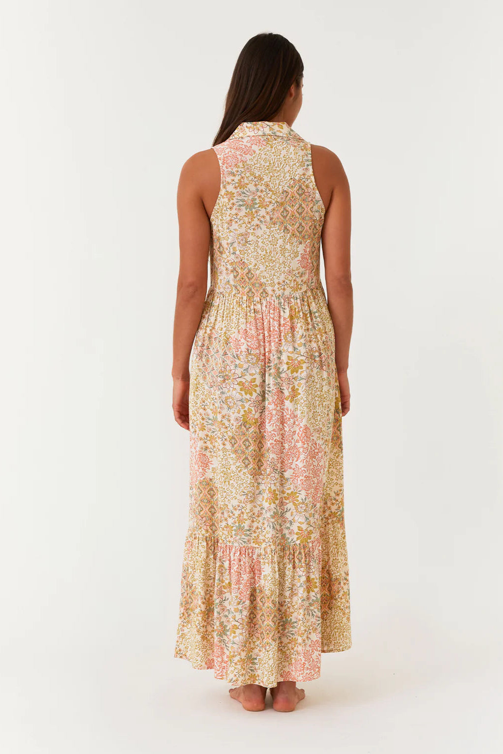 SLEEVELESS COLLARED MAXI DRESS IN DUSTY PEACH/RUST BACK VIEW