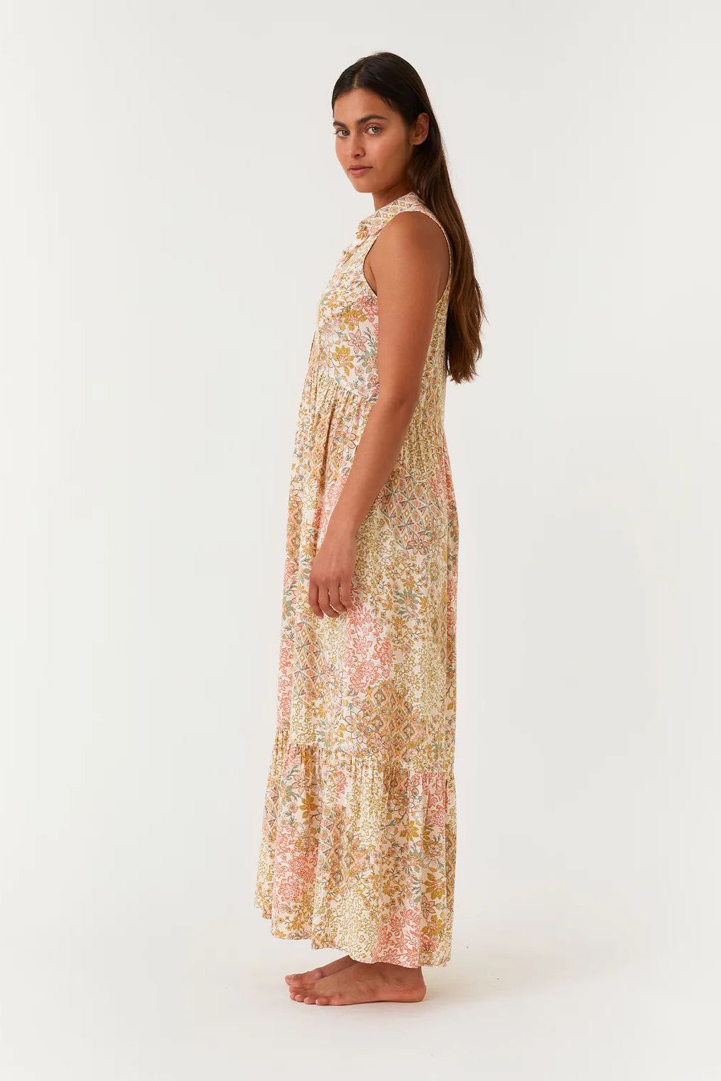 SLEEVELESS COLLARED MAXI DRESS IN DUSTY PEACH/RUST SIDE VIEW