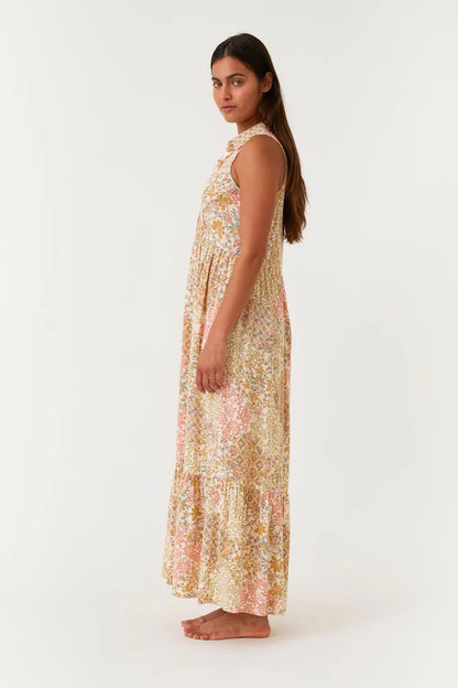 SLEEVELESS COLLARED MAXI DRESS IN DUSTY PEACH/RUST SIDE VIEW