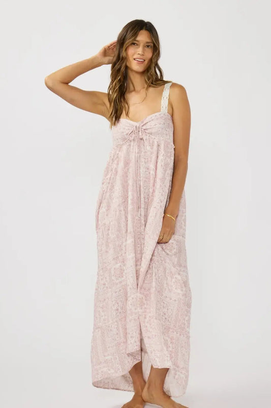 Lace maxi dress with spaghetti straps, tiered ruffle hem, front bow, light rose