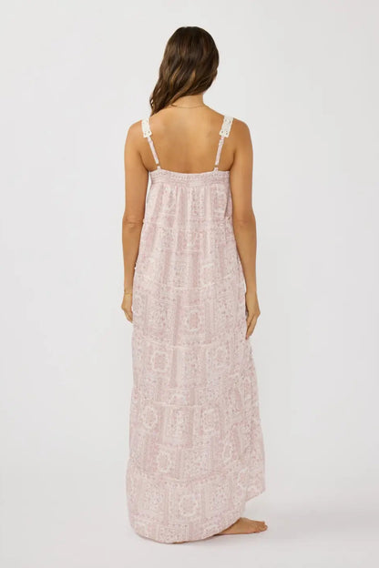 Lace maxi dress with racer-back straps, open back, tiered ruffle skirt, light rose
