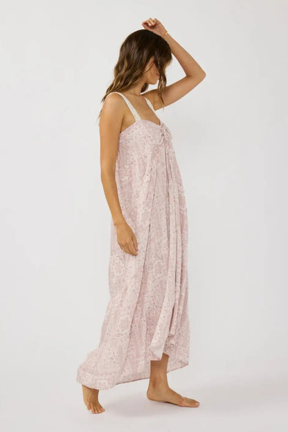 Lace maxi dress with spaghetti straps, side slit, tiered ruffle hem, light rose