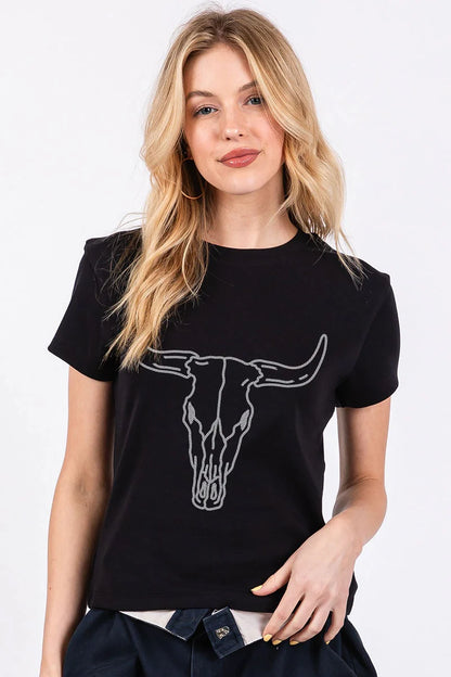 Black short-sleeve crewneck tee with large longhorn skull graphic in light gray