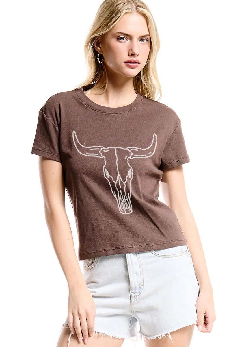 Brown short-sleeve crewneck tee with large longhorn skull graphic in light gray