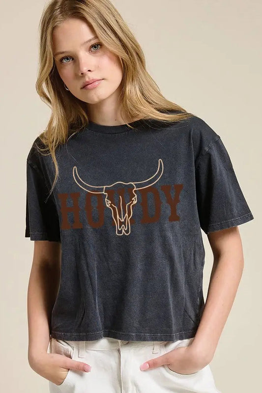 Dark charcoal short-sleeve graphic T-shirt with HOWDY and bull skull print