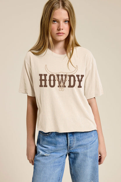 Bone short-sleeve graphic T-shirt with HOWDY and bull skull print