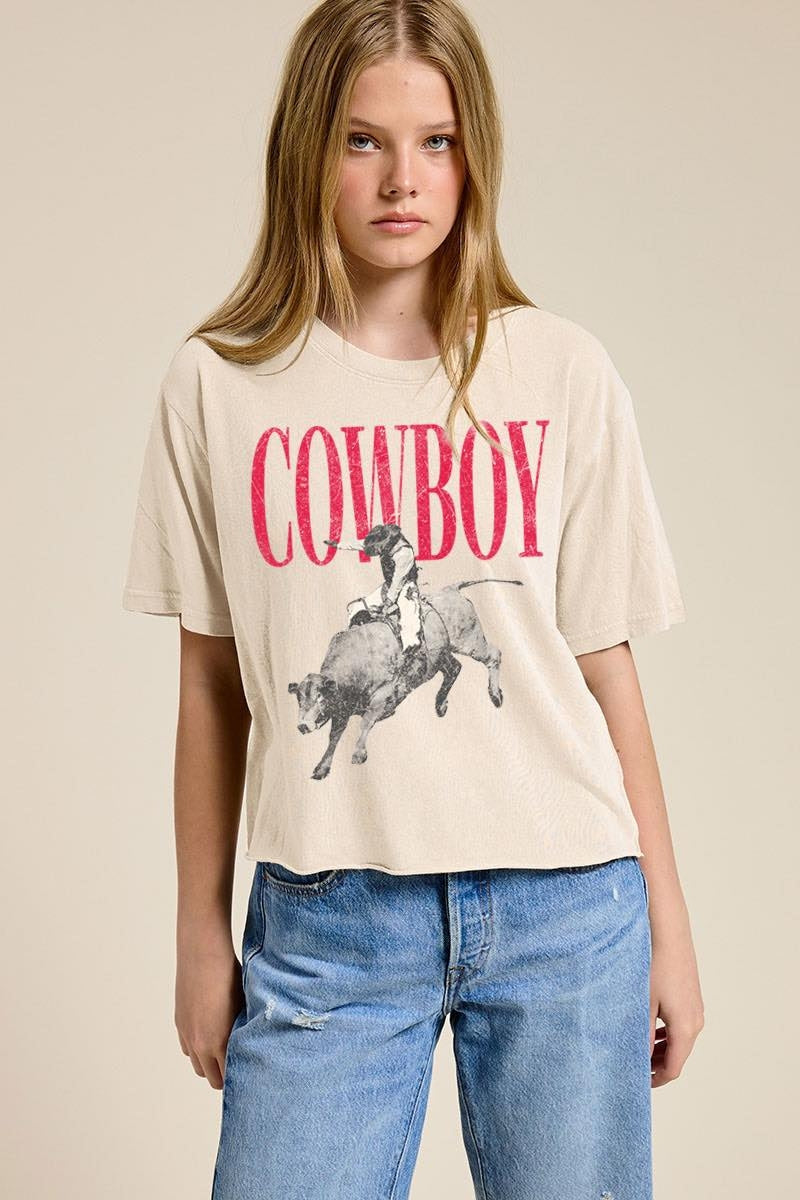 Bone short-sleeve cowboy graphic T-shirt with red COWBOY text on front