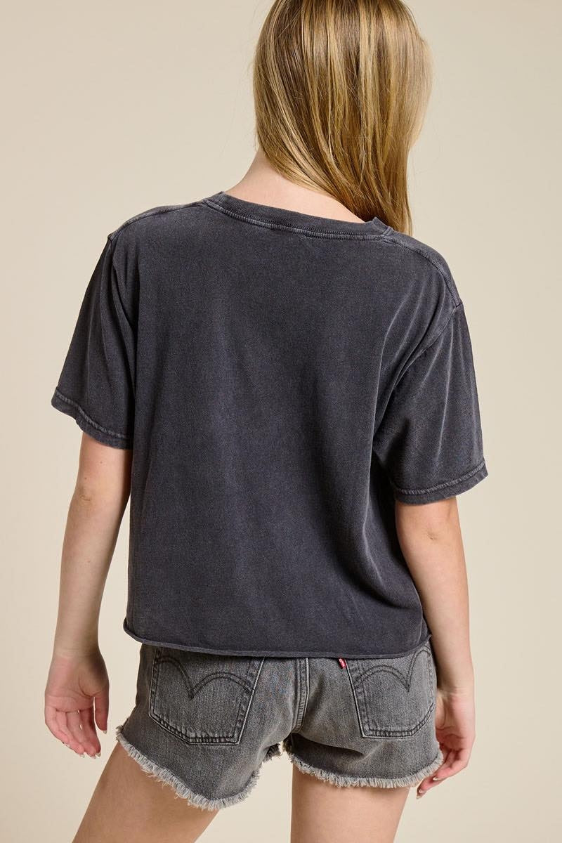 Black short-sleeve T-shirt with crew neck, plain back