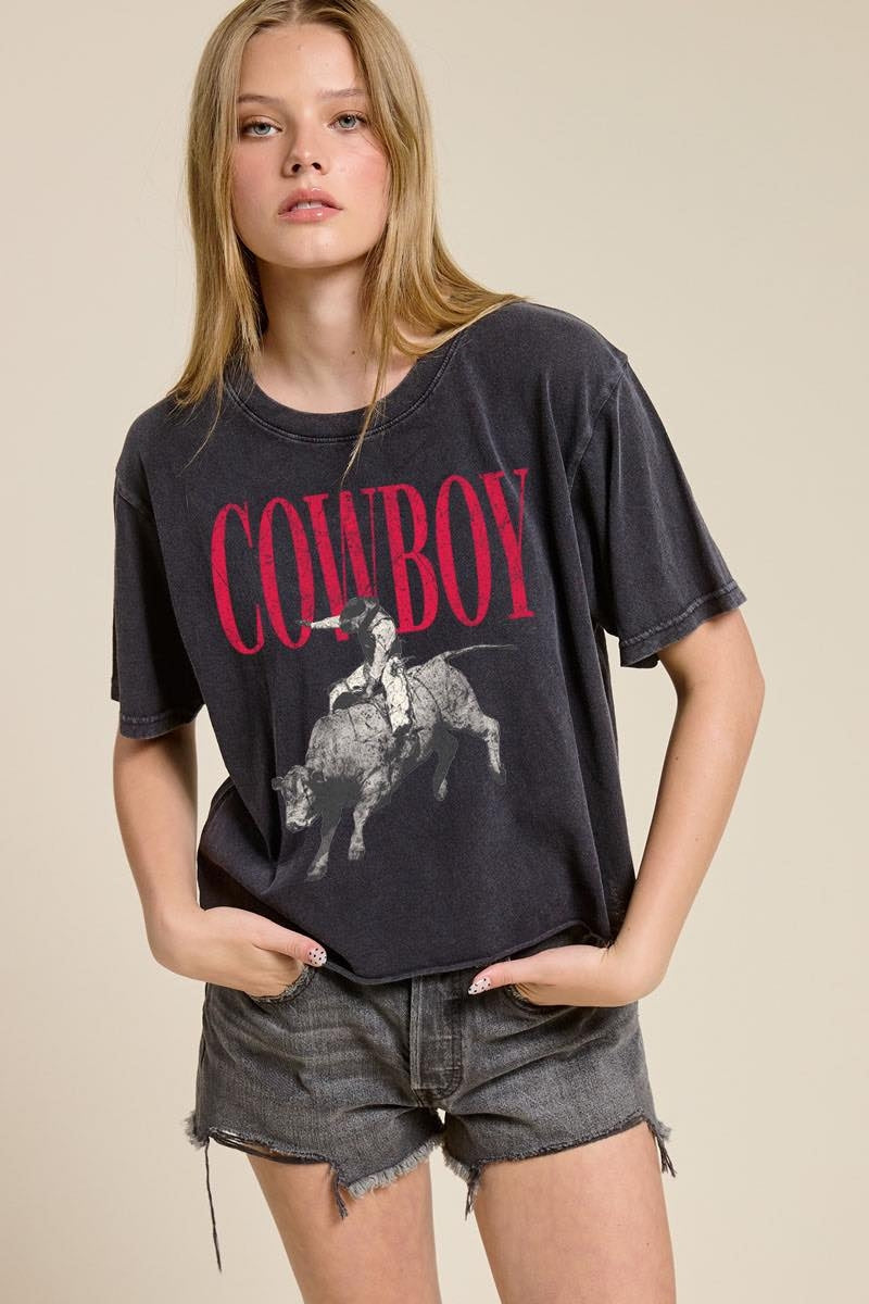 Black short-sleeve cowboy graphic T-shirt with red COWBOY text