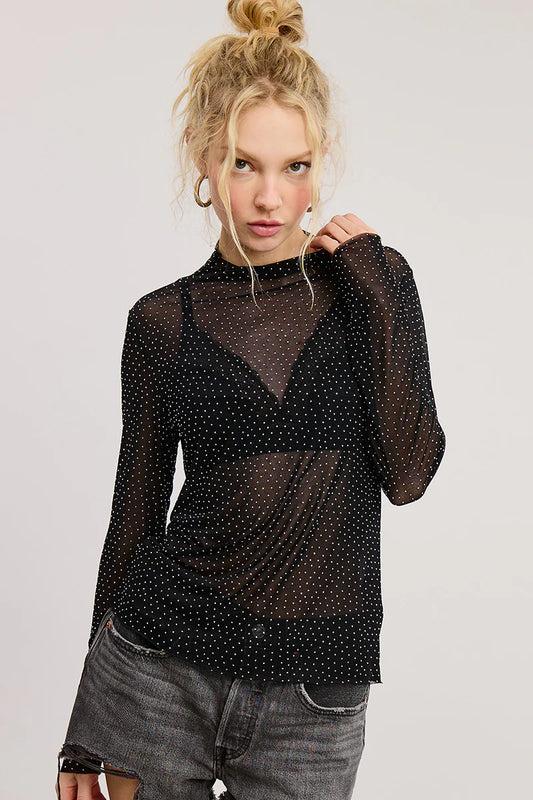 LONG SLEEVE RHINESTONE LACE TOP IN BLACK FRONT VIEW
