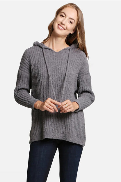 RIBBED SWEATER WITH HOOD IN GRAY FRONT VIEW