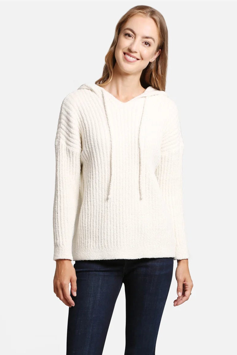 RIBBED SWEATER WITH HOOD IN IVORY FRONT VIEW