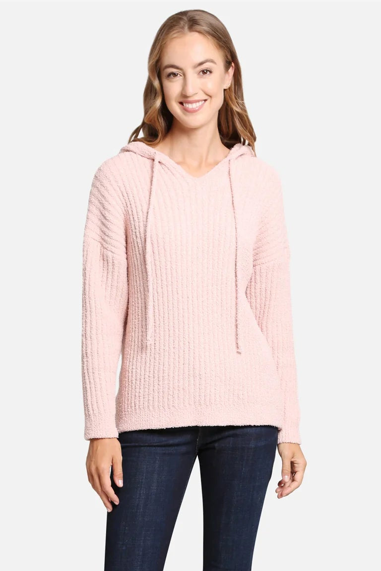 RIBBED SWEATER WITH HOOD IN PINK FRONT VIEW