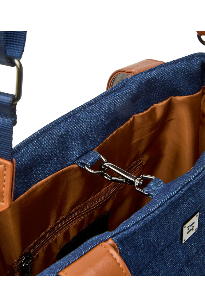 High note tote in dark denim inside clasp view