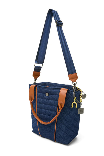 High note tote in dark denim front with long strap view