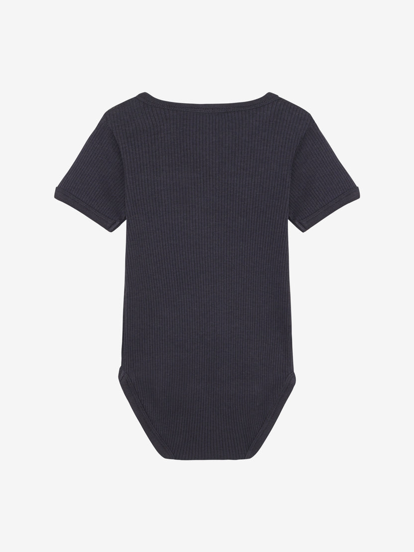 Short sleeve rib knit bodysuit in dark navy, crew neck back view with snap crotch
