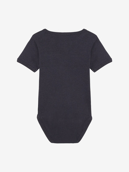 Short sleeve rib knit bodysuit in dark navy, crew neck back view with snap crotch