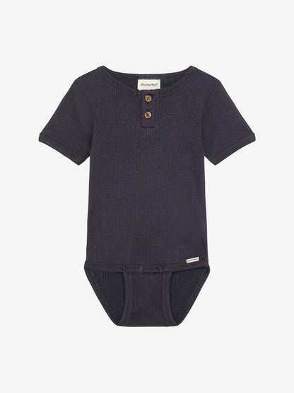 Short sleeve rib knit bodysuit in dark navy, henley button placket and snap closure