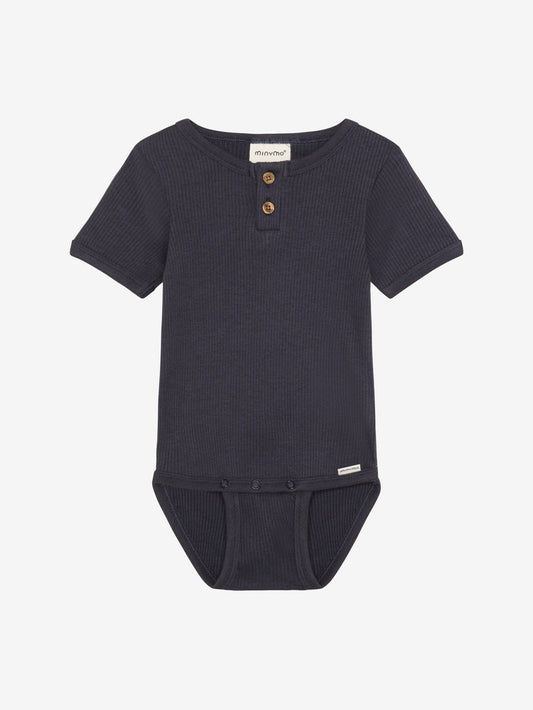 Short sleeve rib knit bodysuit in dark navy, henley button placket and snap closure