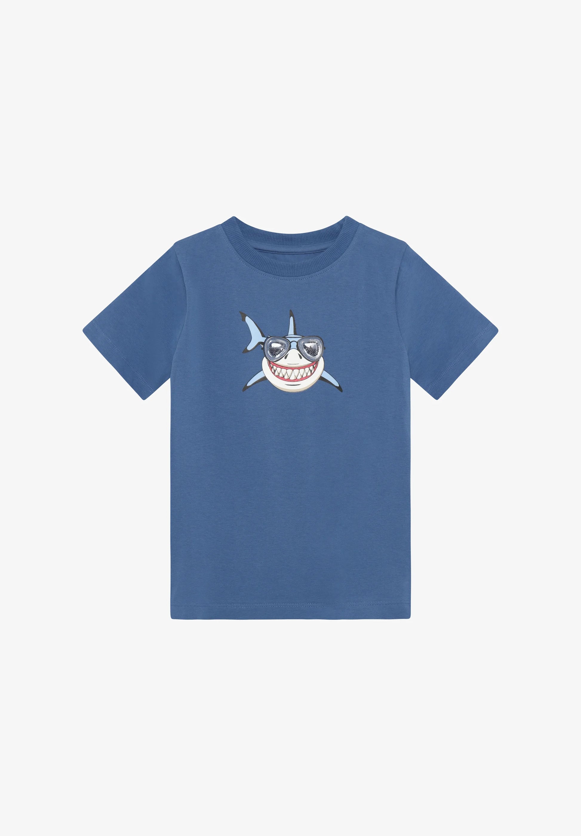 Blue knit short-sleeve T-shirt with shark graphic on chest