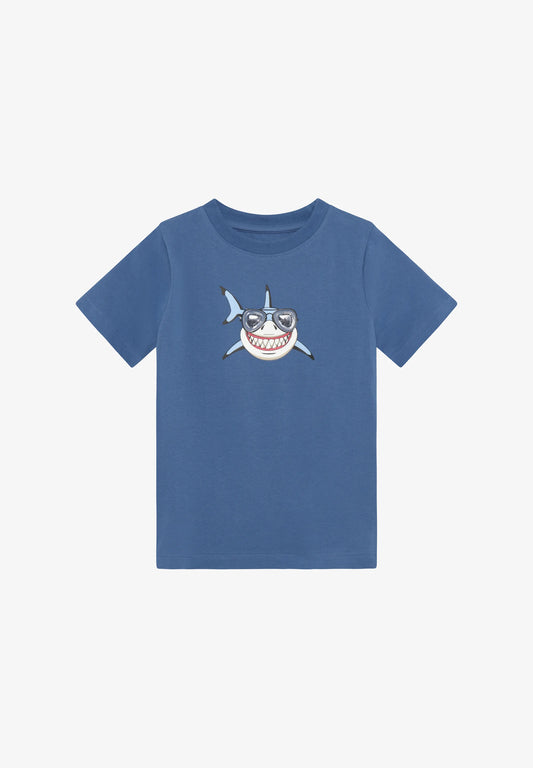 Blue knit short-sleeve T-shirt with shark graphic on chest
