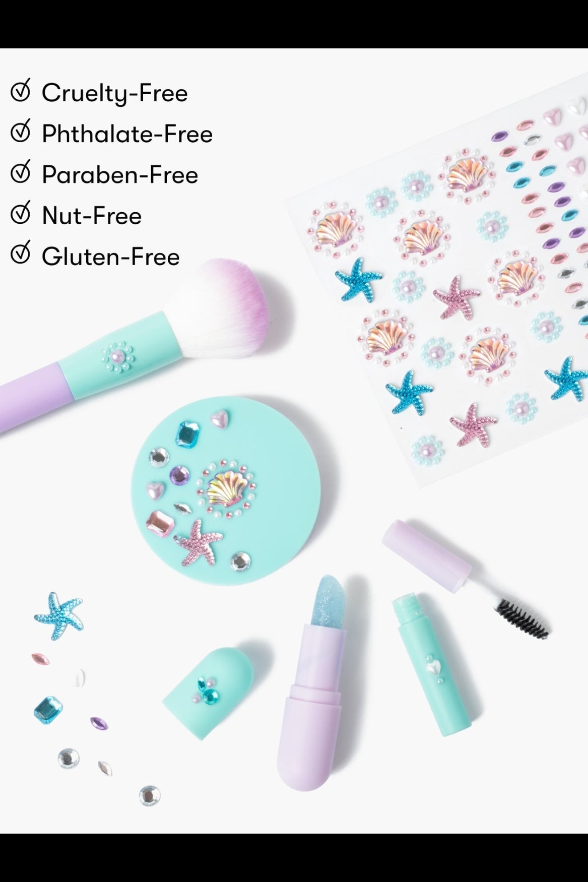 Mermaid makeup play kit claims: cruelty-free, phthalate-free, paraben-free, nut-free, gluten-free