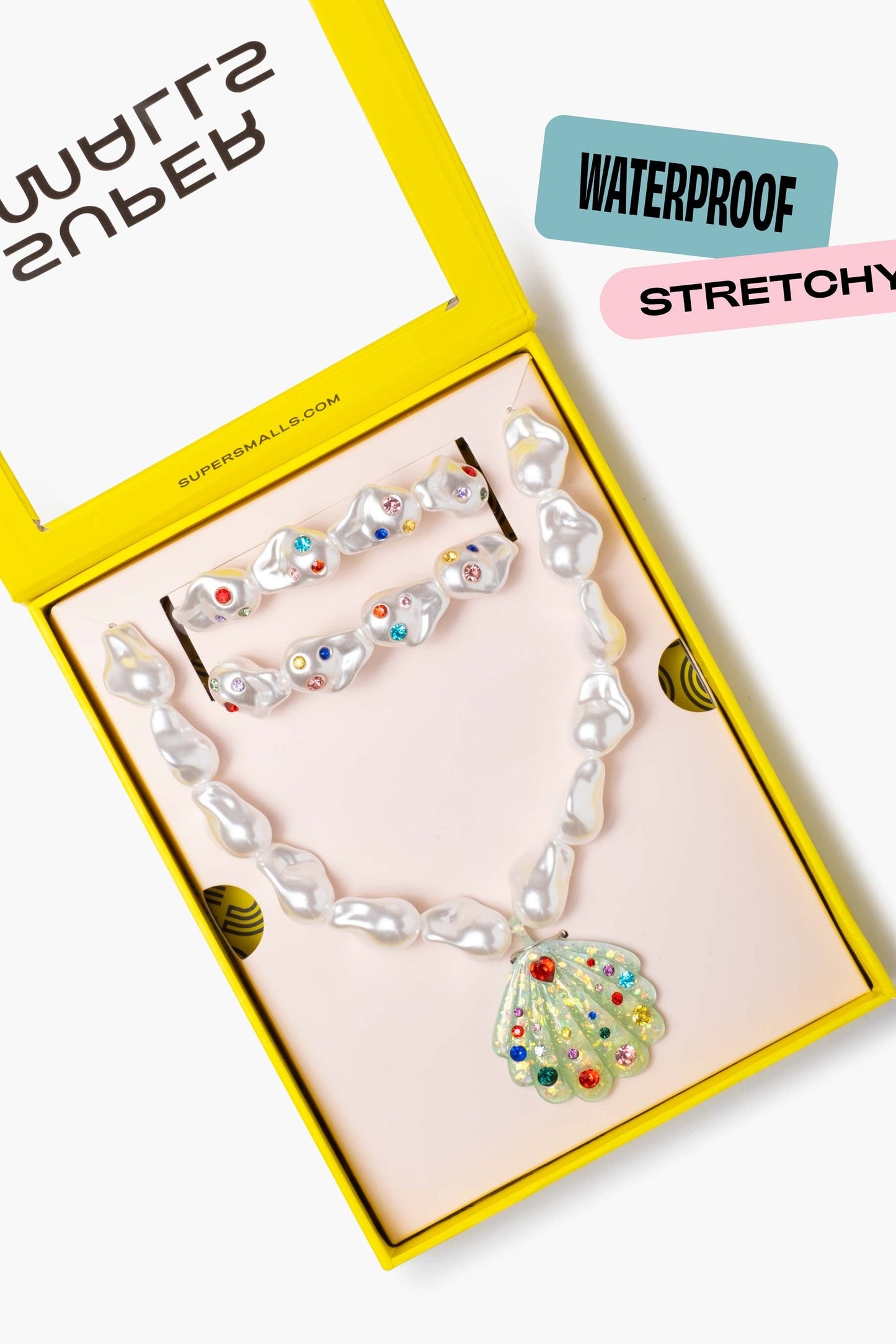 Kids pearl bead jewelry set: choker necklace, bracelet, and multicolor shell charm