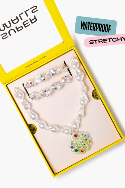 Kids pearl bead jewelry set: choker necklace, bracelet, and multicolor shell charm