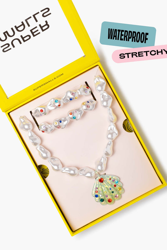 Kids pearl bead jewelry set: choker necklace, bracelet, and multicolor shell charm