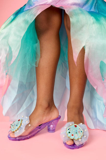 Purple kids mermaid play shoes with pearl mesh and seashell applique