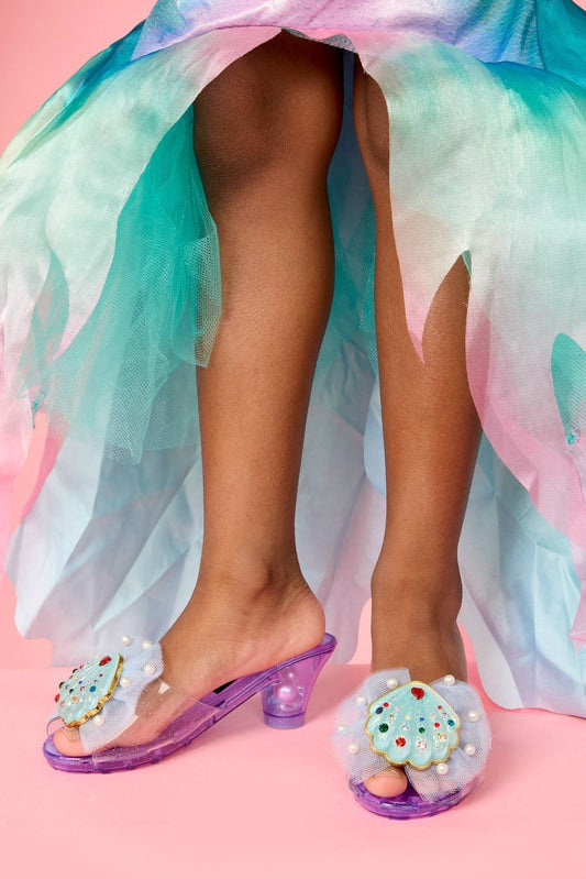 Purple kids mermaid play shoes with pearl mesh and seashell applique