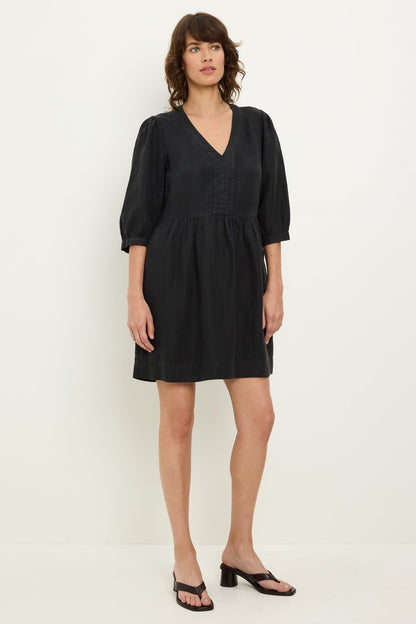Black V-neck mini dress with three-quarter puff sleeves and elastic waist