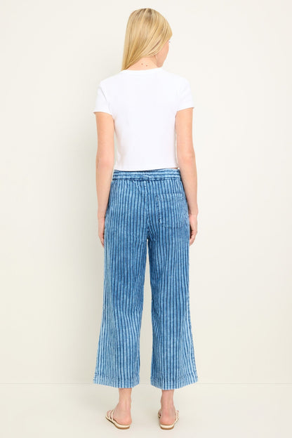 Cody cropped stripe pants, indigo blue vertical stripes, back view