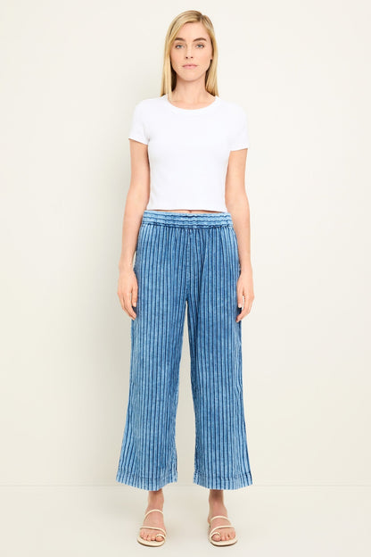Cody cropped stripe pants in indigo blue stripes, wide leg, drawstring waist