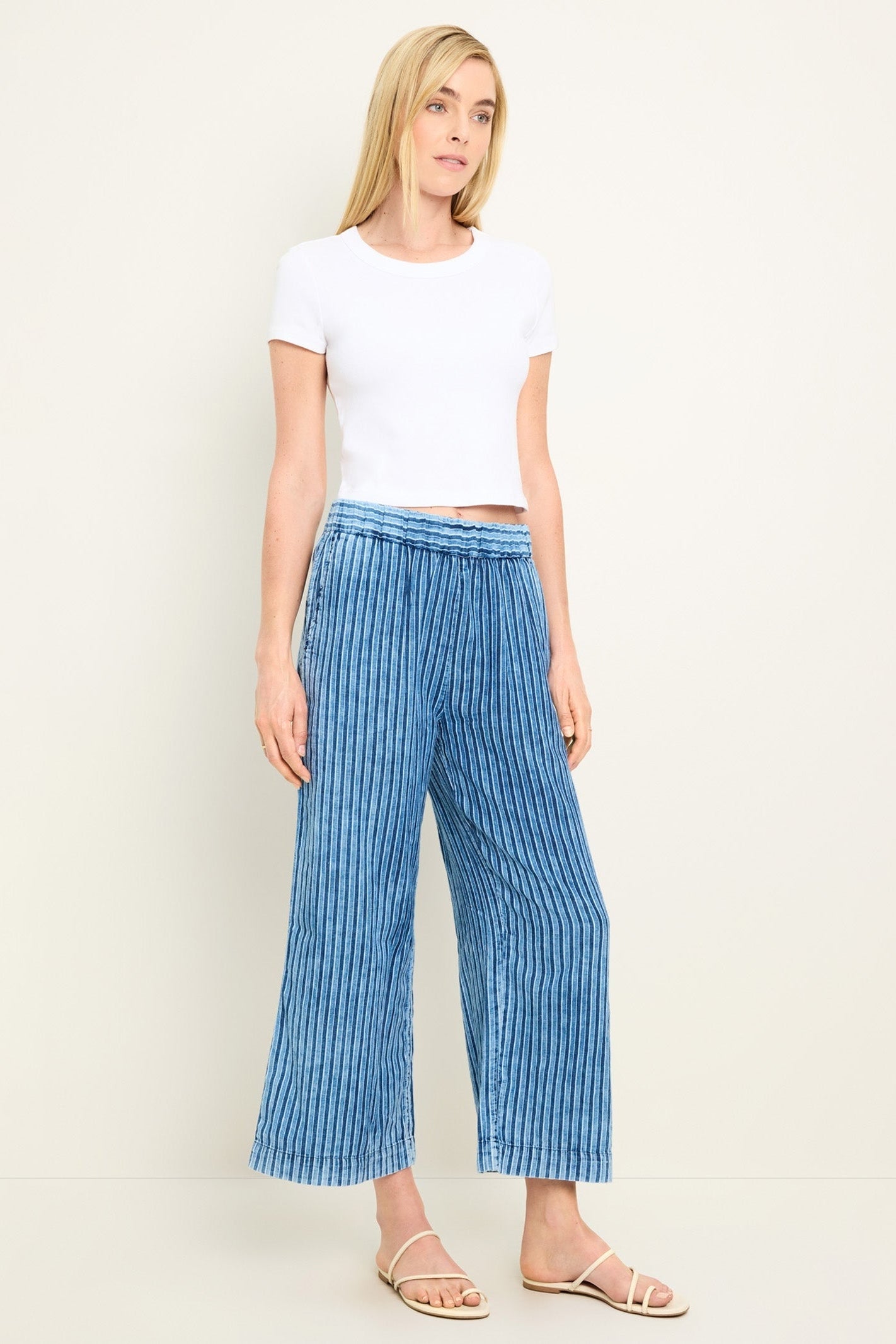Cody cropped stripe pants, indigo blue pinstripes, elastic waist