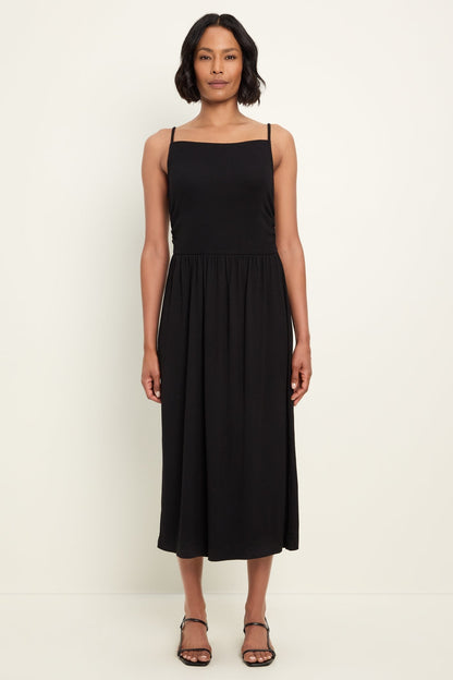Black square-neck midi dress with spaghetti straps and gathered waist