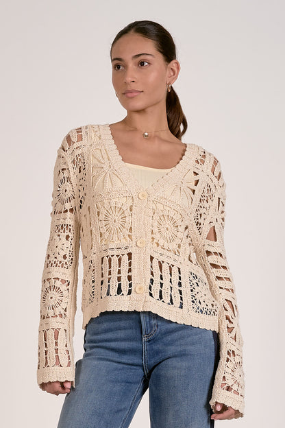 Natural open-knit cardigan sweater, wide scoop neck, long sleeves, crochet openwork