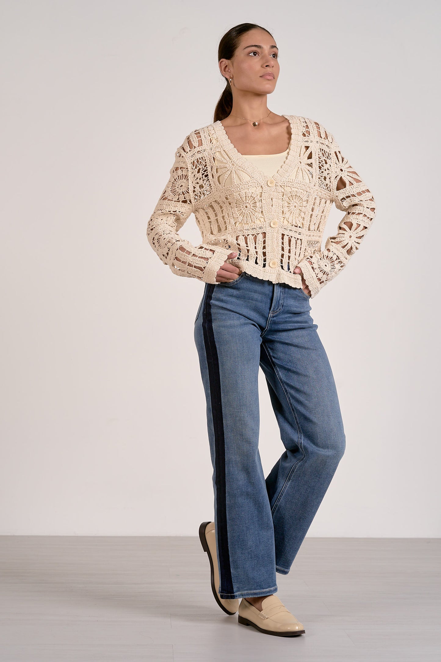 Natural open-knit cardigan sweater, wide scoop neck, long sleeves, patchwork crochet openwork