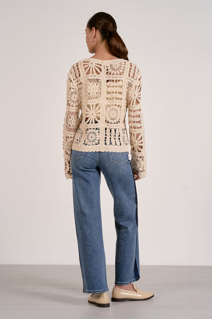 Natural open-knit cardigan sweater back view with long sleeves, crochet openwork
