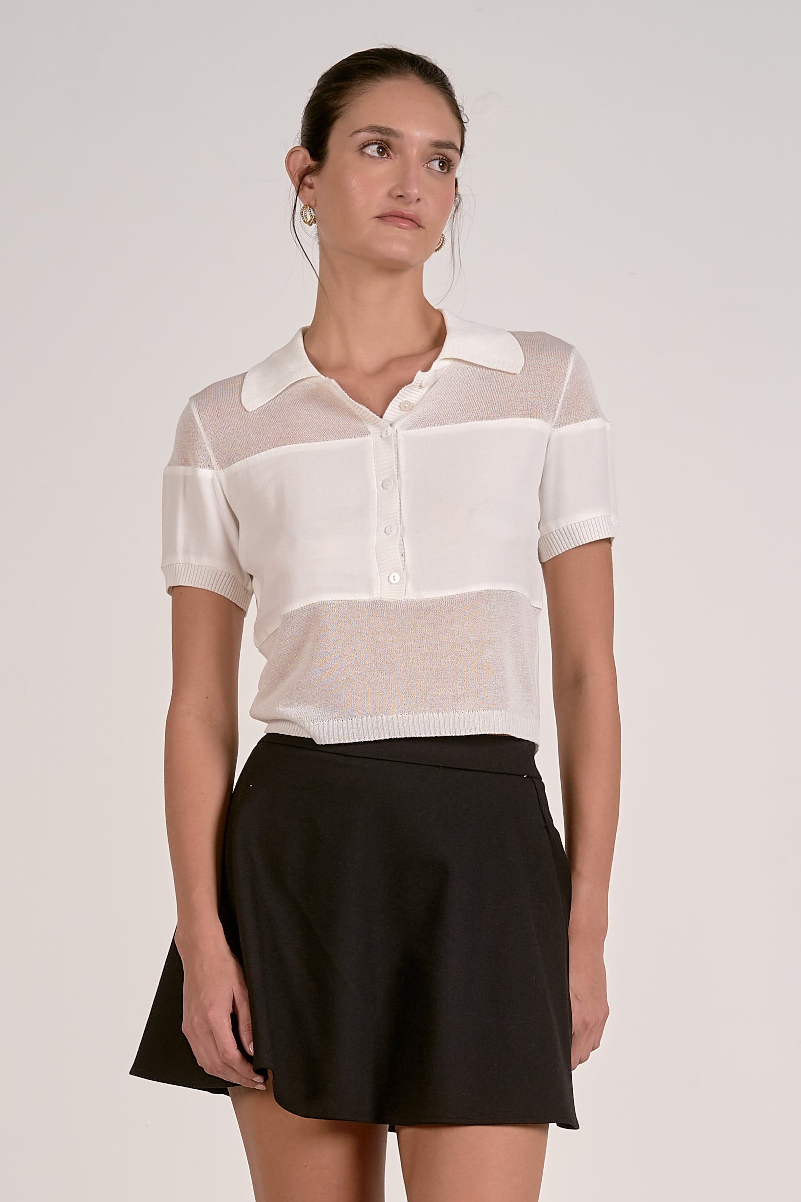 Sheer short-sleeve sweater with collared button placket, horizontal stripe bands, ribbed hem