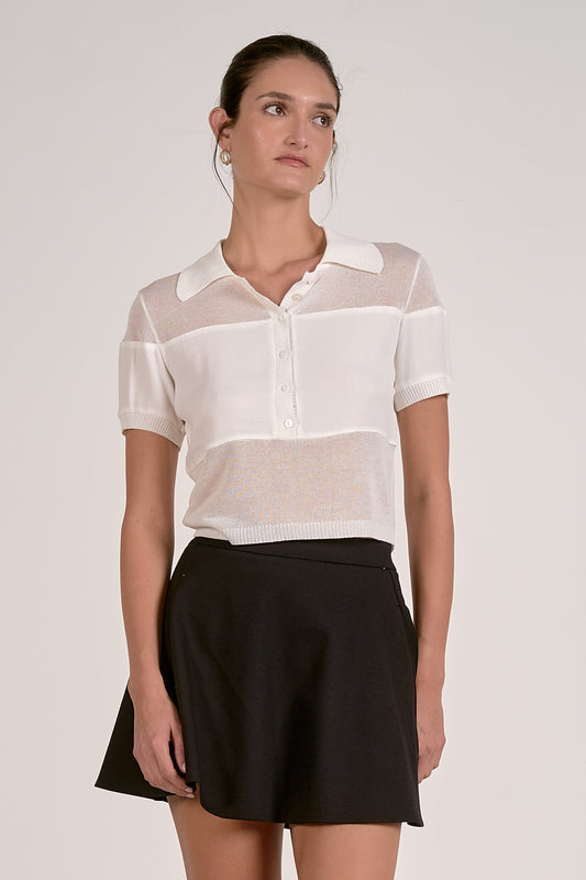 Sheer short-sleeve sweater with collared button placket, horizontal stripe bands, ribbed hem