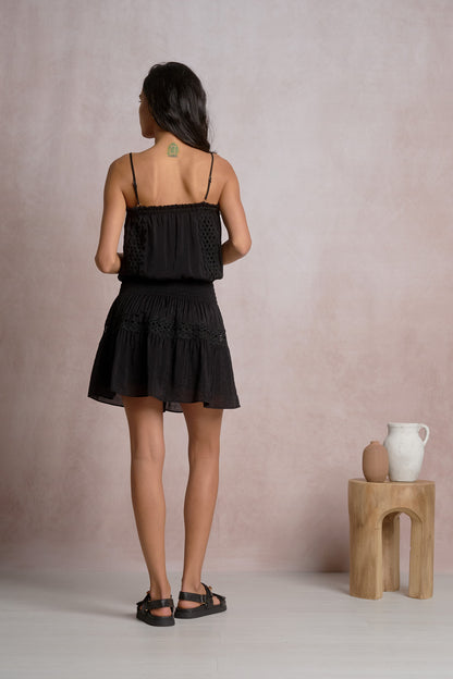 Black spaghetti strap smocked mini dress, back view with tiered ruffles