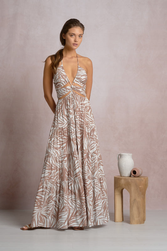 Cut out maxi dress in beige tropical leaf print, halter V-neck and tiered full skirt
